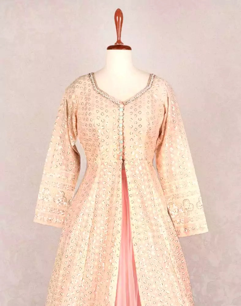 Image of Designer Peach colour Geometric Chikankari Georgette Crop Top and lehenga set