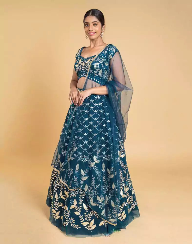 Image of Designer Peacock Blue Floral Netted gotta patti Crop Top and lehenga set