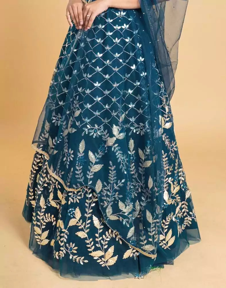 Image of Designer Peacock Blue Floral Netted gotta patti Crop Top and lehenga set
