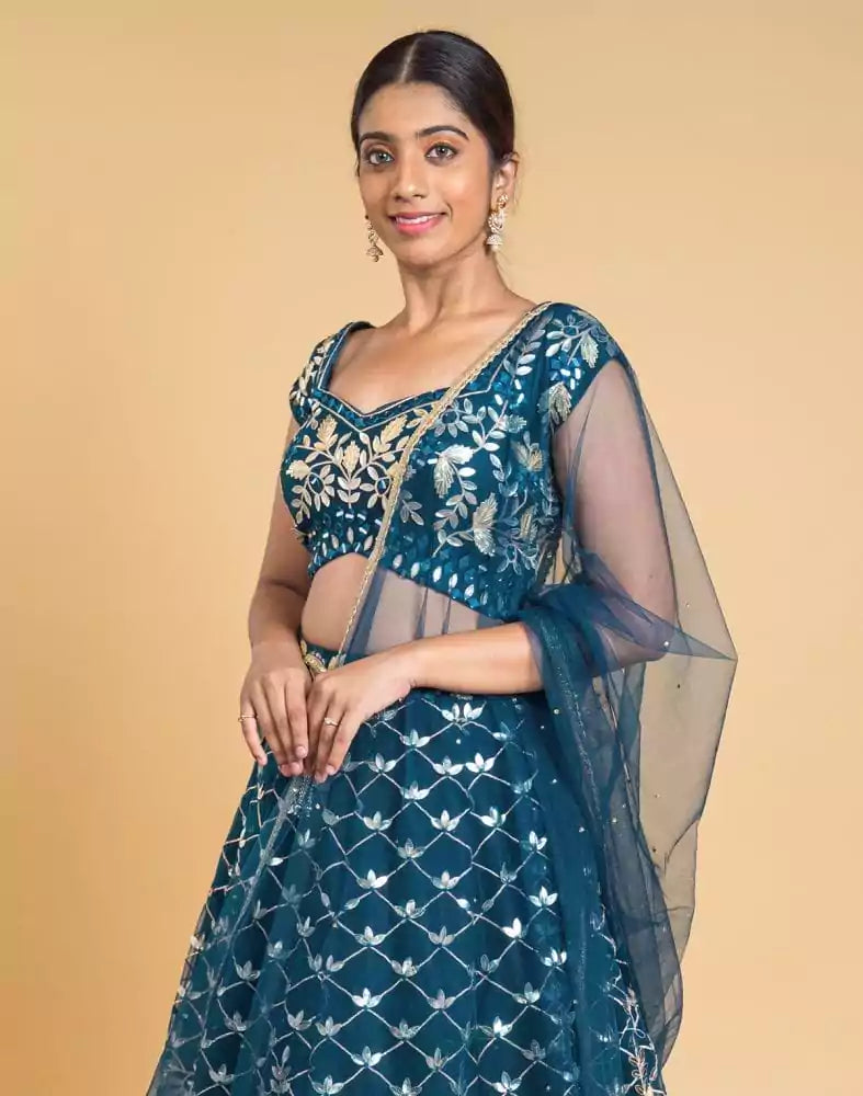 Image of Designer Peacock Blue Floral Netted gotta patti Crop Top and lehenga set