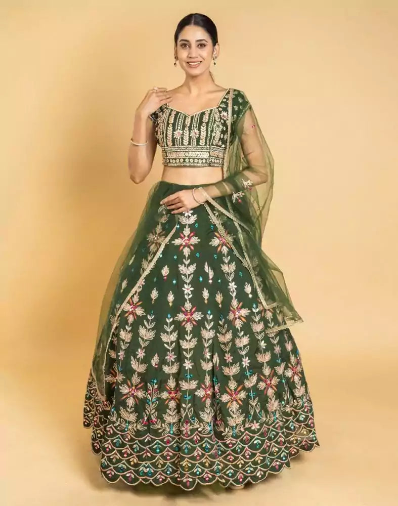 Image of Designer Green Floral Gotta Patti Work Chiffon Crop Top and lehenga set