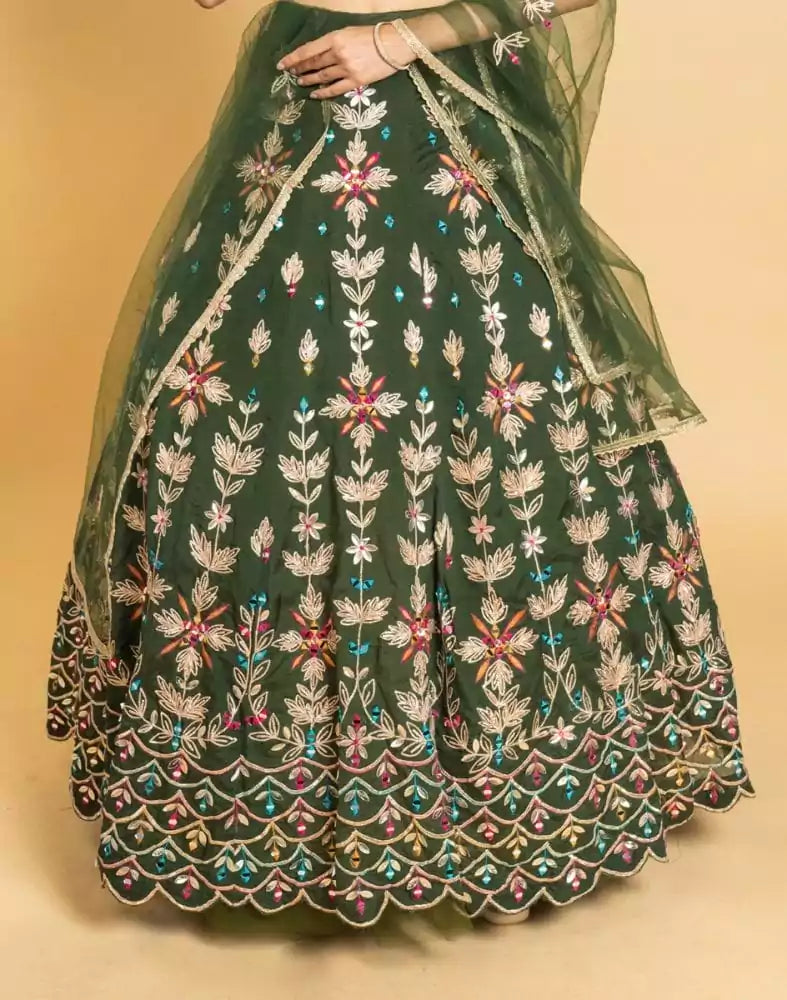 Image of Designer Green Floral Gotta Patti Work Chiffon Crop Top and lehenga set