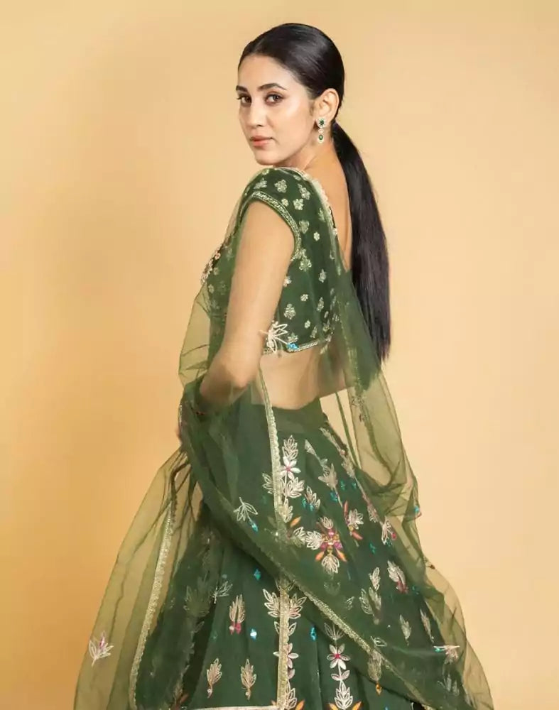 Image of Designer Green Floral Gotta Patti Work Chiffon Crop Top and lehenga set