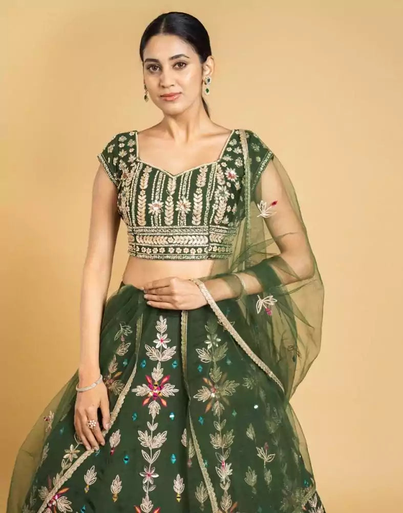 Image of Designer Green Floral Gotta Patti Work Chiffon Crop Top and lehenga set