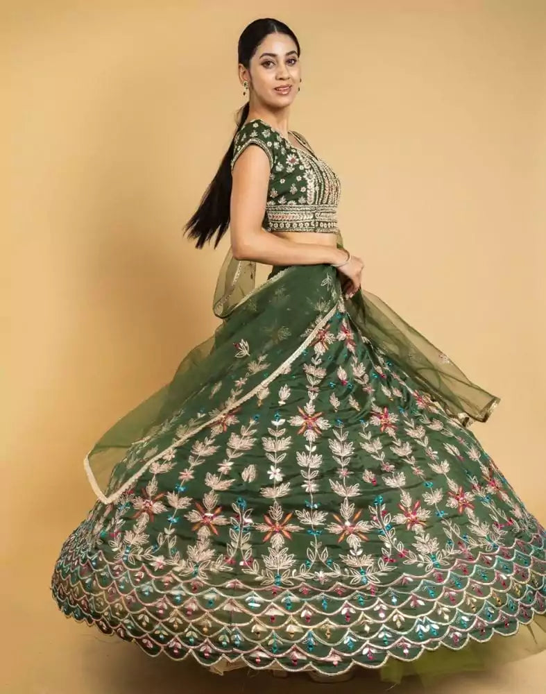 Image of Designer Green Floral Gotta Patti Work Chiffon Crop Top and lehenga set