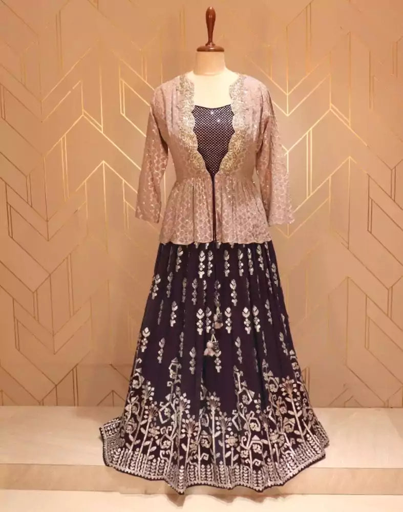 Image of Wine Floral Gotta Patti work Georgette Crop Top with beautiful coat