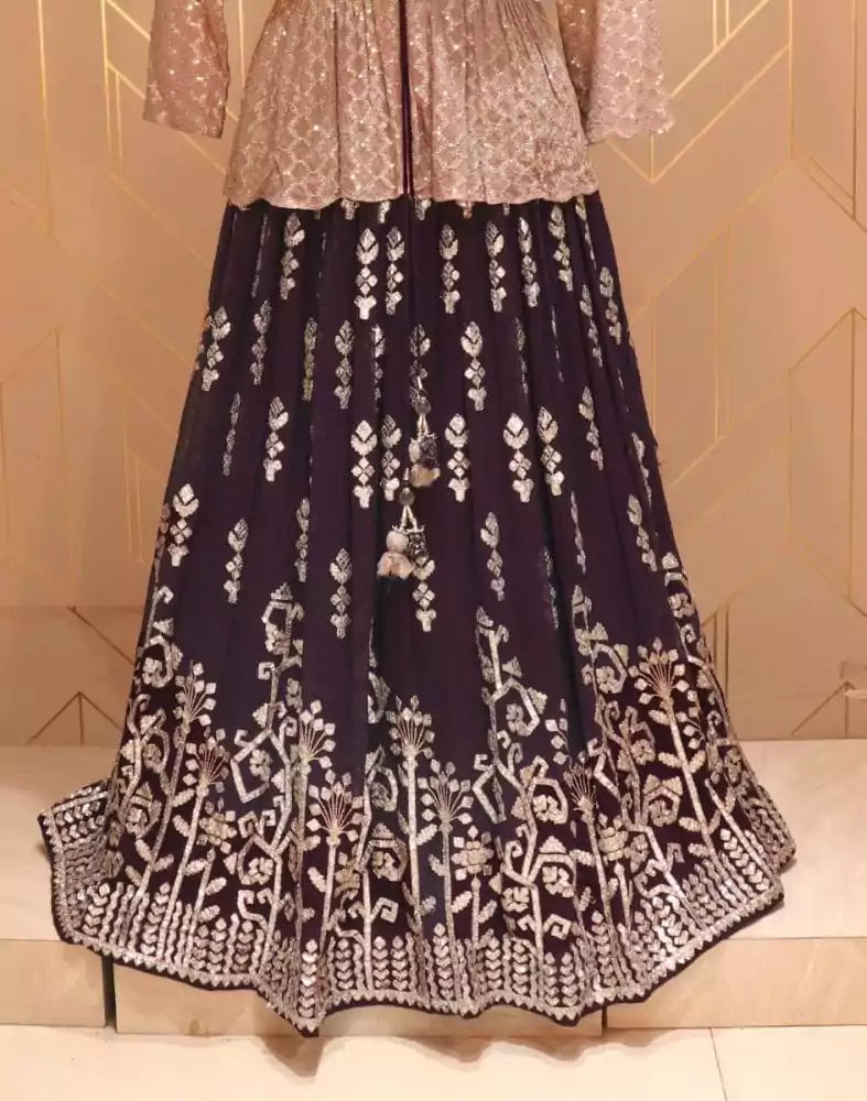 Image of Wine Floral Gotta Patti work Georgette Crop Top with beautiful coat