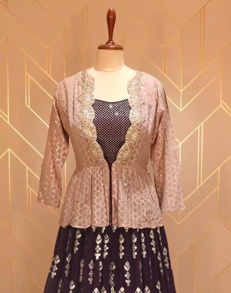 Image of Wine Floral Gotta Patti work Georgette Crop Top with beautiful coat