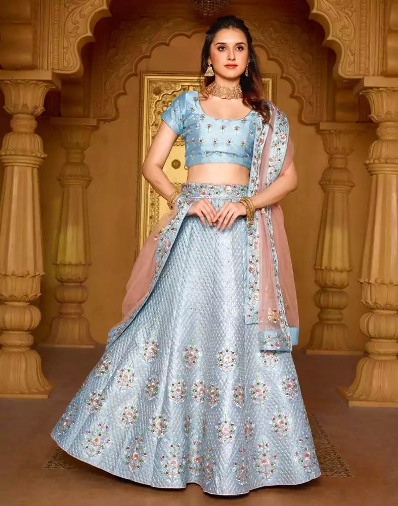 Image of Designer Sky Blue Botanical Raw Silk Beads work Crop Top and Lehenga Set