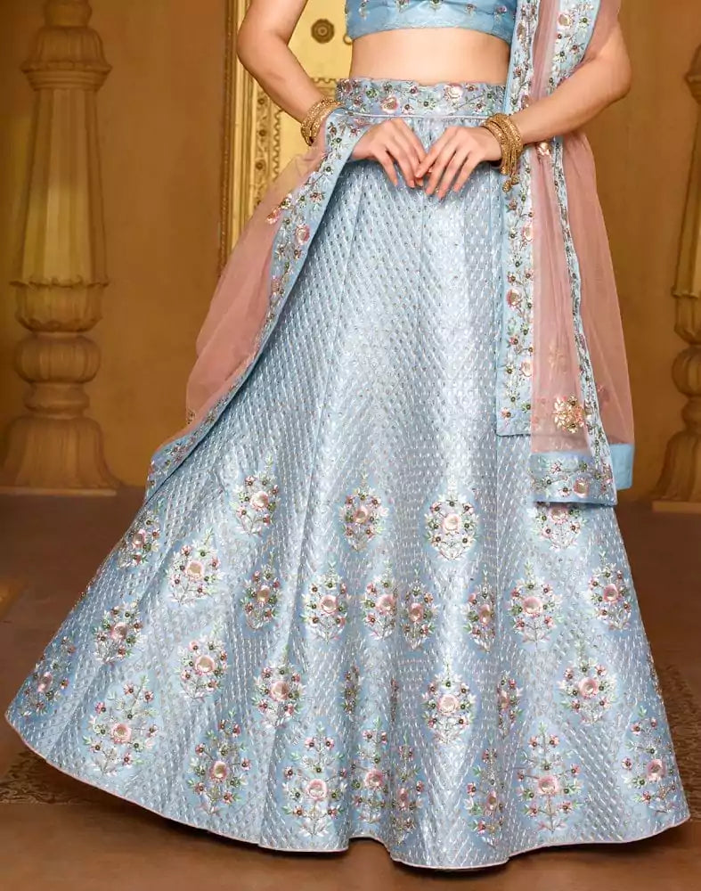 Image of Designer Sky Blue Botanical Raw Silk Beads work Crop Top and Lehenga Set