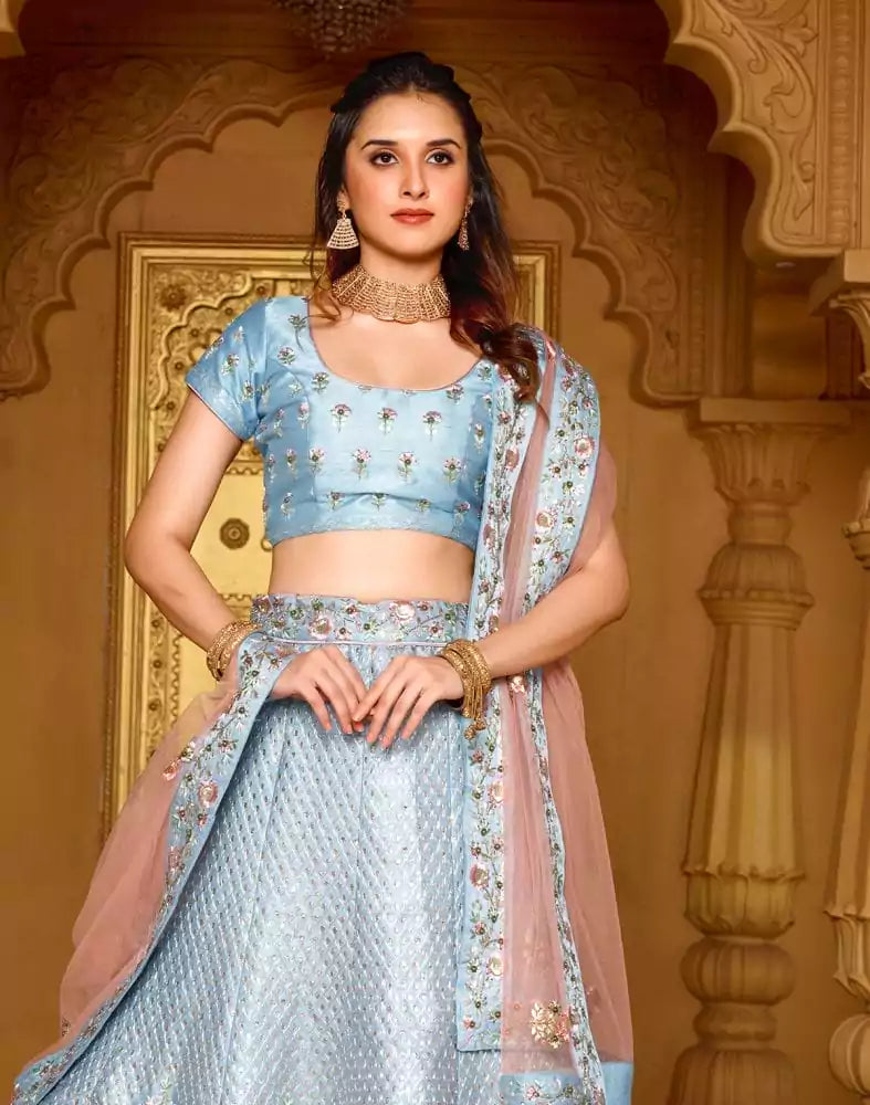 Image of Designer Sky Blue Botanical Raw Silk Beads work Crop Top and Lehenga Set