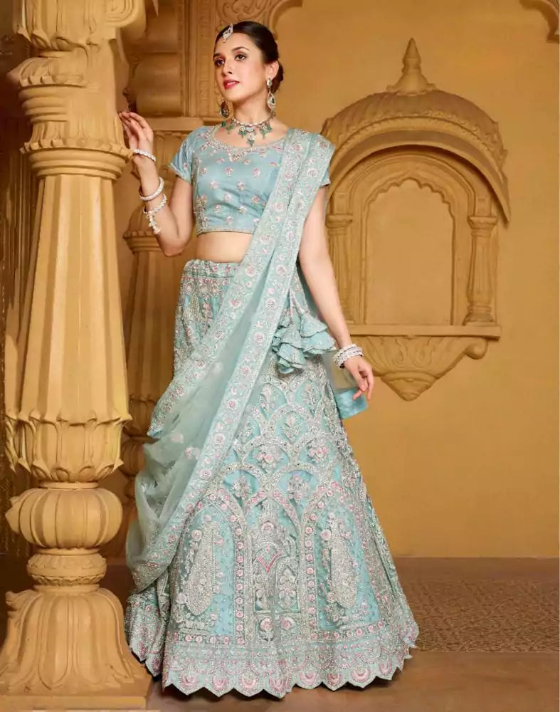 Image of Designer Sea Green Floral Netted Stones work Crop Top and Lehenga Set
