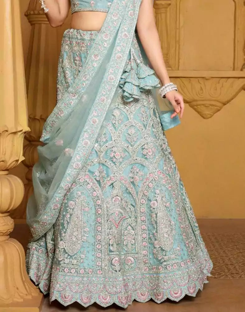 Image of Designer Sea Green Floral Netted Stones work Crop Top and Lehenga Set