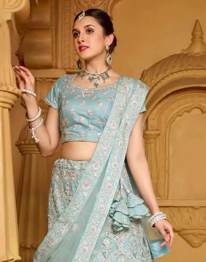 Image of Designer Sea Green Floral Netted Stones work Crop Top and Lehenga Set
