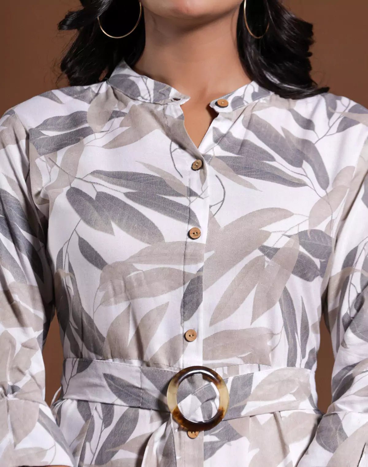 Image of Cream All Over Botanical Print Cotton Silk Dress With Belt - South India Shopping Mall