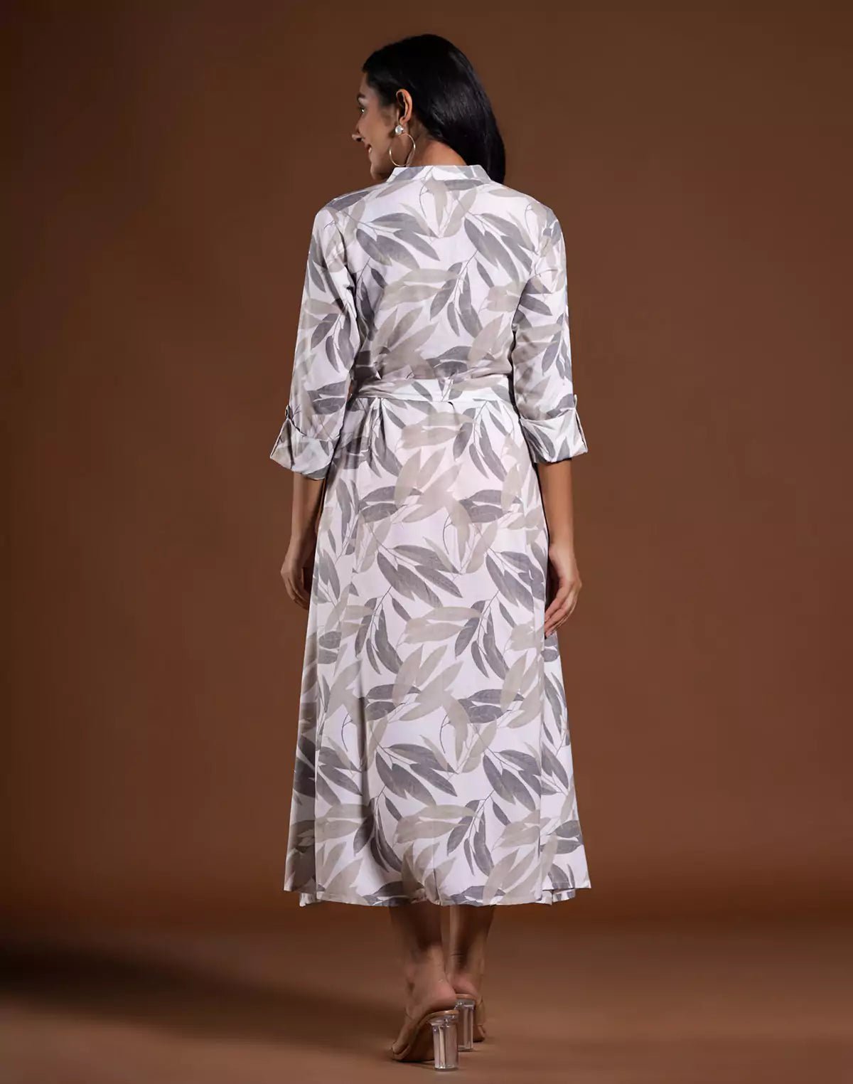 Image of Cream All Over Botanical Print Cotton Silk Dress With Belt - South India Shopping Mall