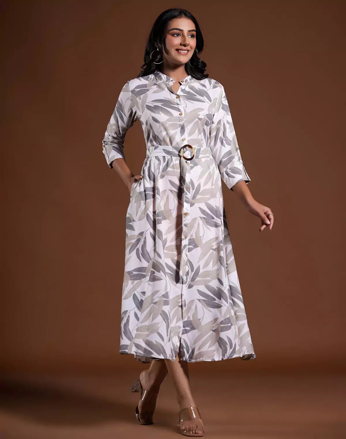 Image of Cream All Over Botanical Print Cotton Silk Dress With Belt - South India Shopping Mall
