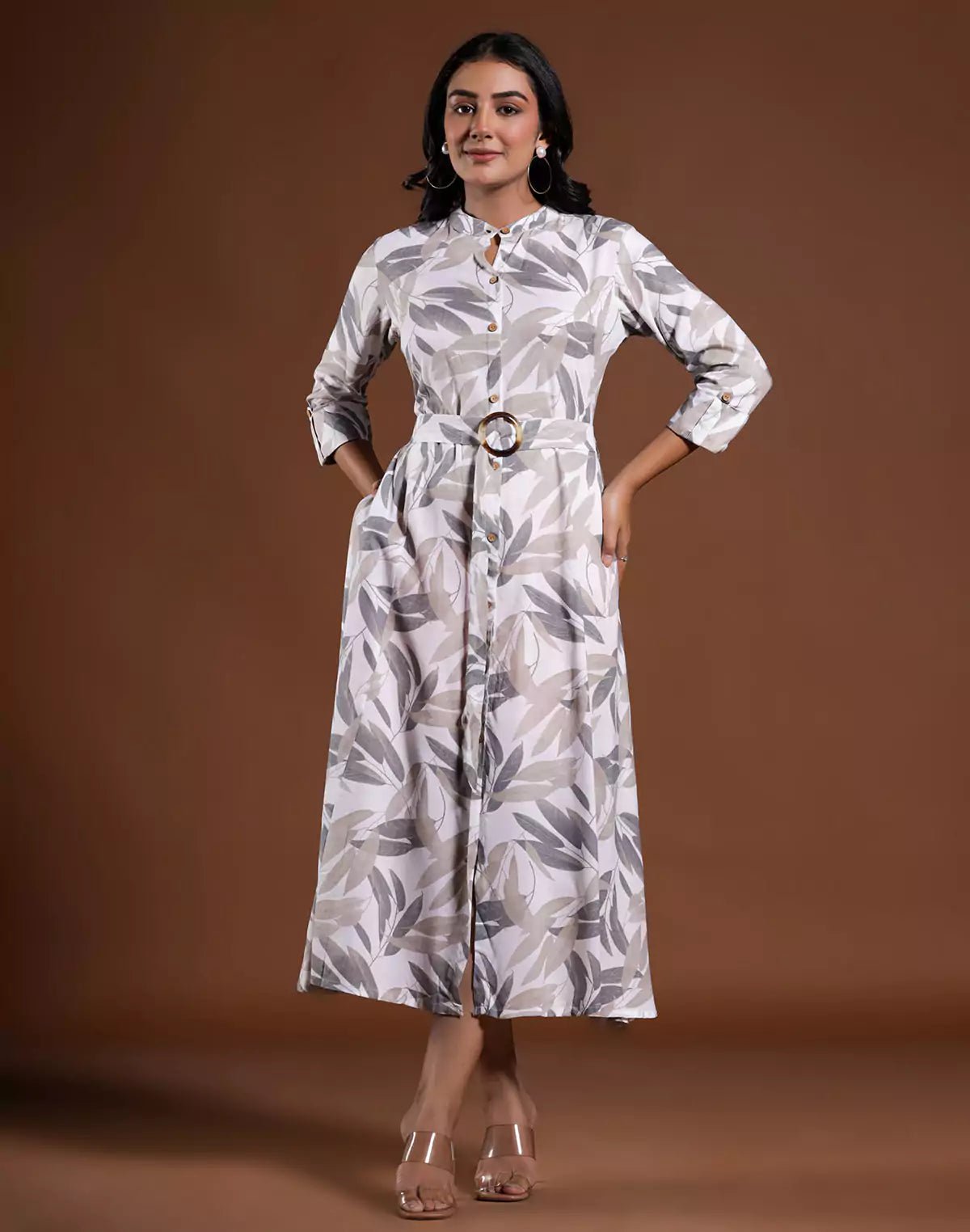 Image of Cream All Over Botanical Print Cotton Silk Dress With Belt - South India Shopping Mall