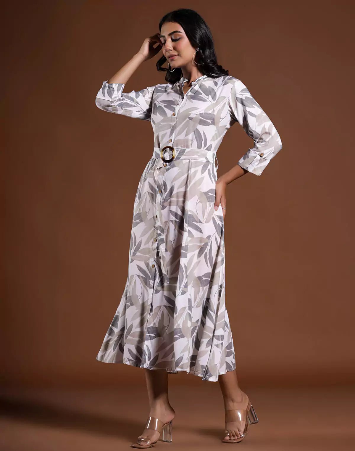 Image of Cream All Over Botanical Print Cotton Silk Dress With Belt - South India Shopping Mall