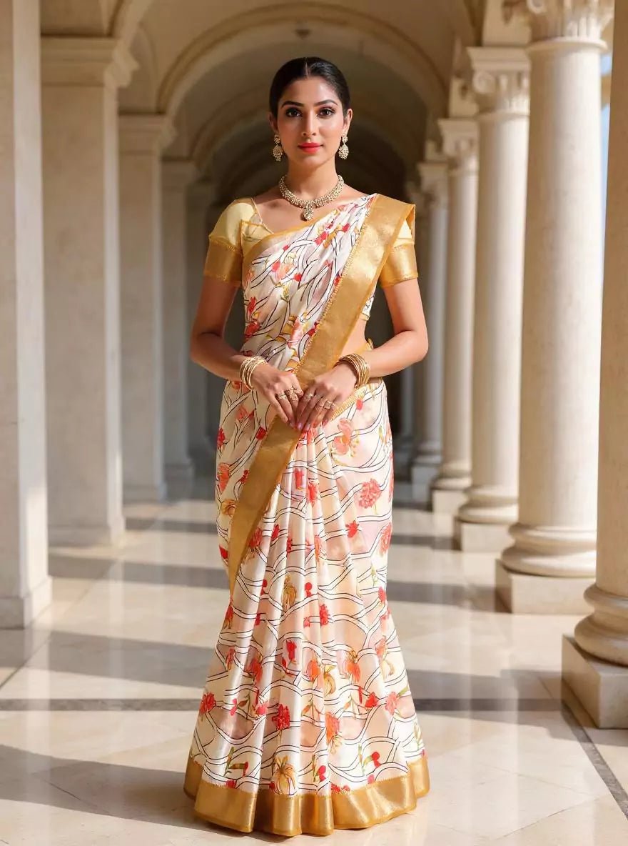Image of Cream and Mustard Mangalagiri Dola Silk Floral Saree - South India Shopping Mall