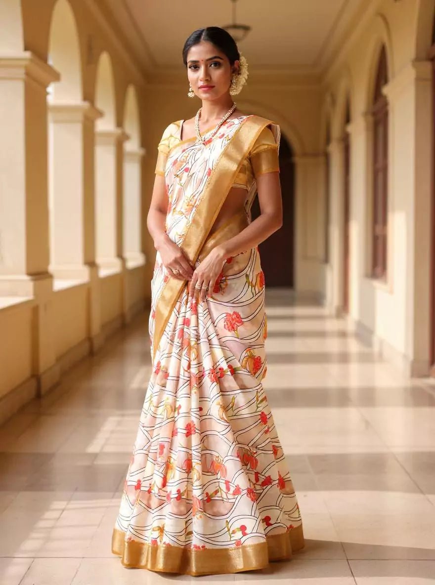 Image of Cream and Mustard Mangalagiri Dola Silk Floral Saree - South India Shopping Mall