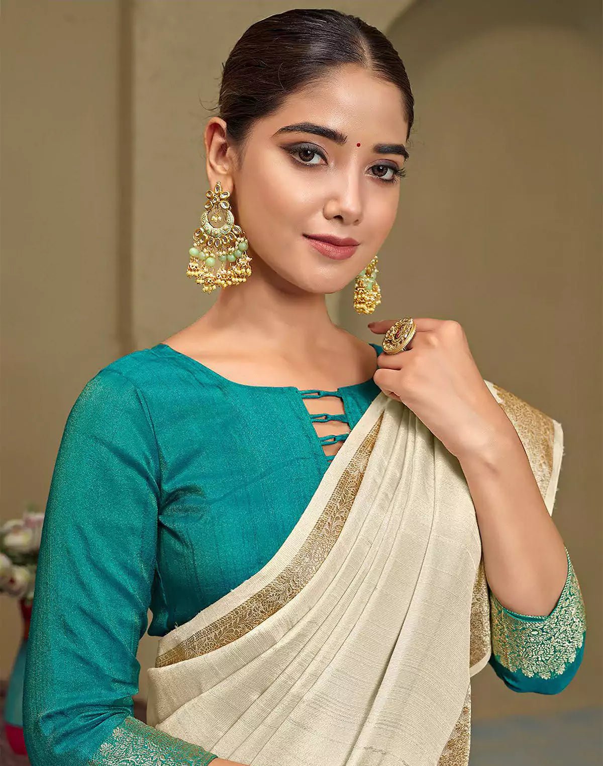 Image of Cream Colored Plain Raw Silk Saree - South India Shopping Mall