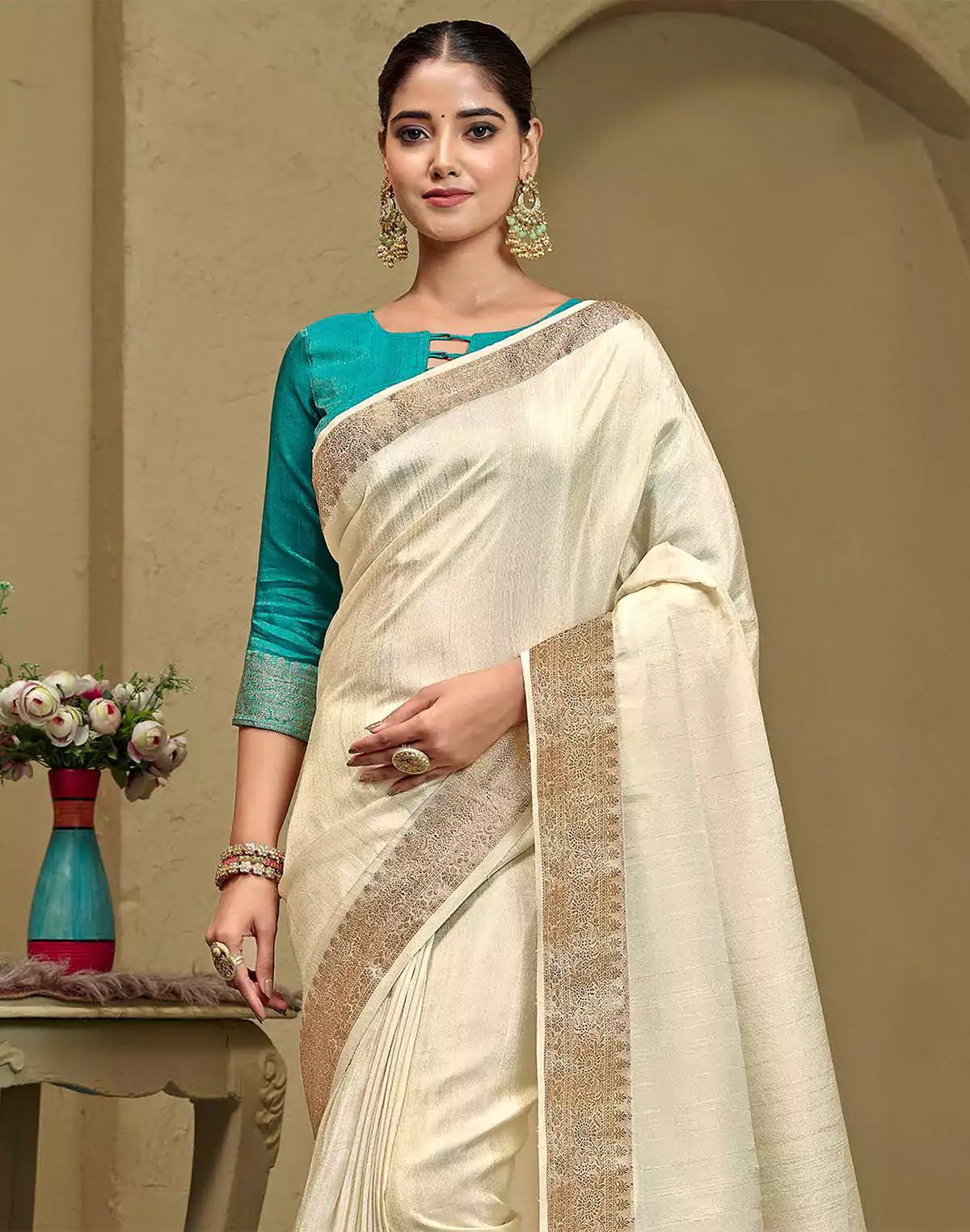 Image of Cream Colored Plain Raw Silk Saree - South India Shopping Mall