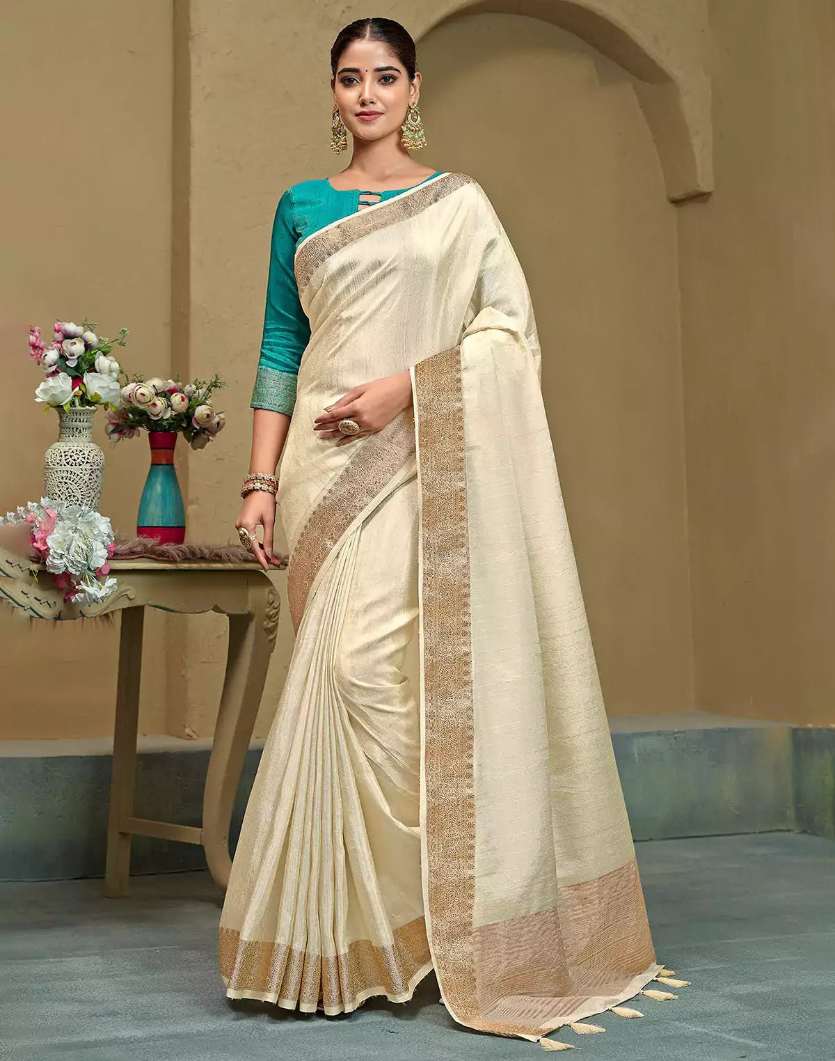 Image of Cream Colored Plain Raw Silk Saree - South India Shopping Mall