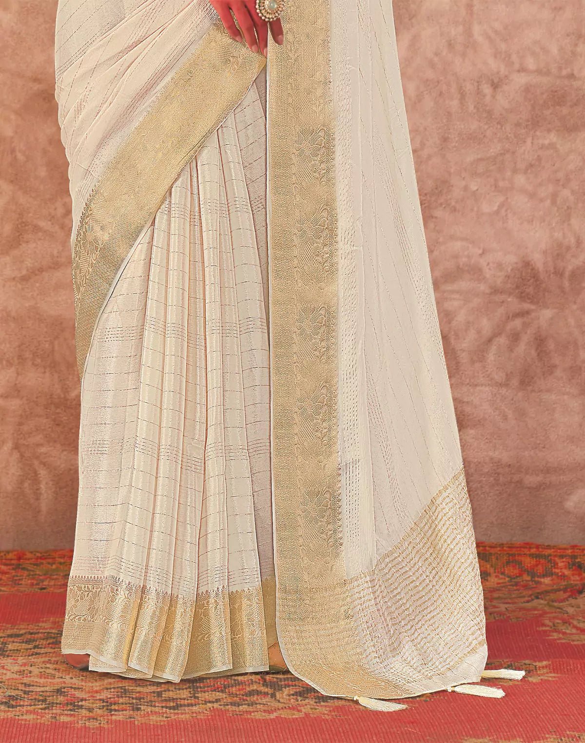 Image of Cream Coloured Chiffon Golden Border Saree with Embroidery Blouse - South India Shopping Mall