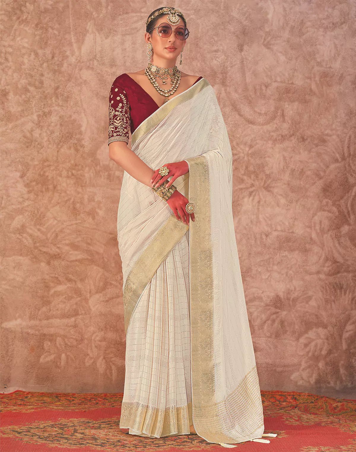 Image of Cream Coloured Chiffon Golden Border Saree with Embroidery Blouse - South India Shopping Mall