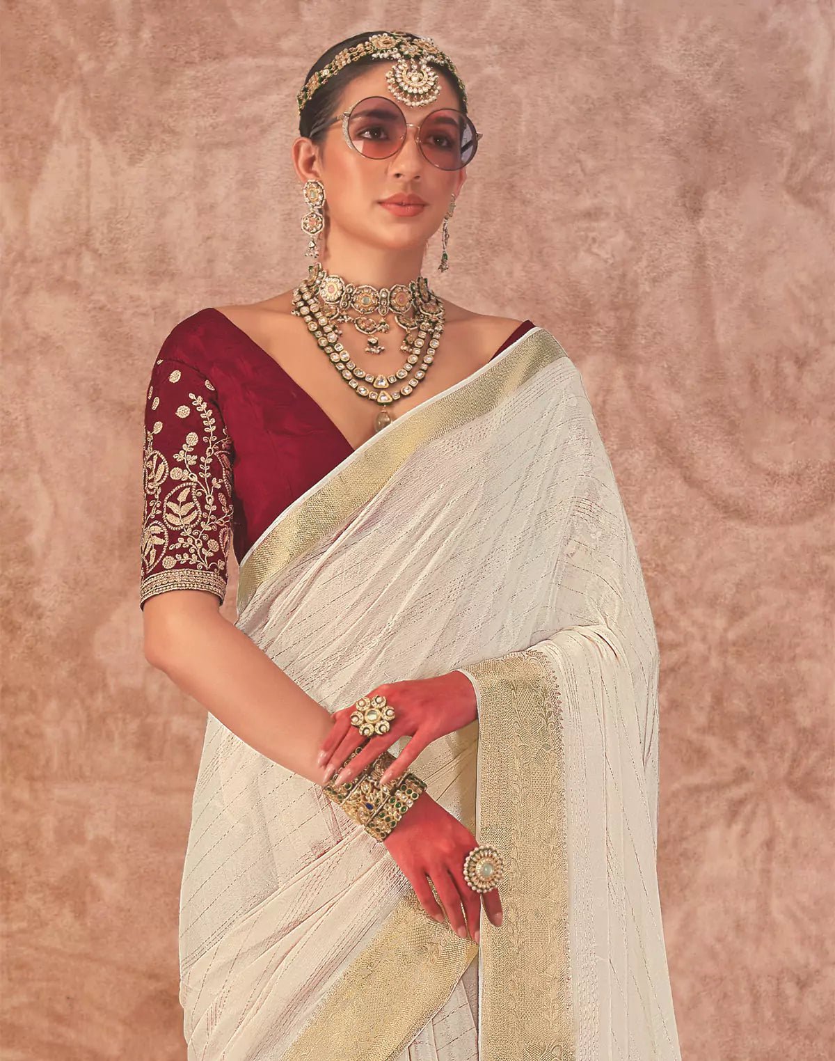 Image of Cream Coloured Chiffon Golden Border Saree with Embroidery Blouse - South India Shopping Mall