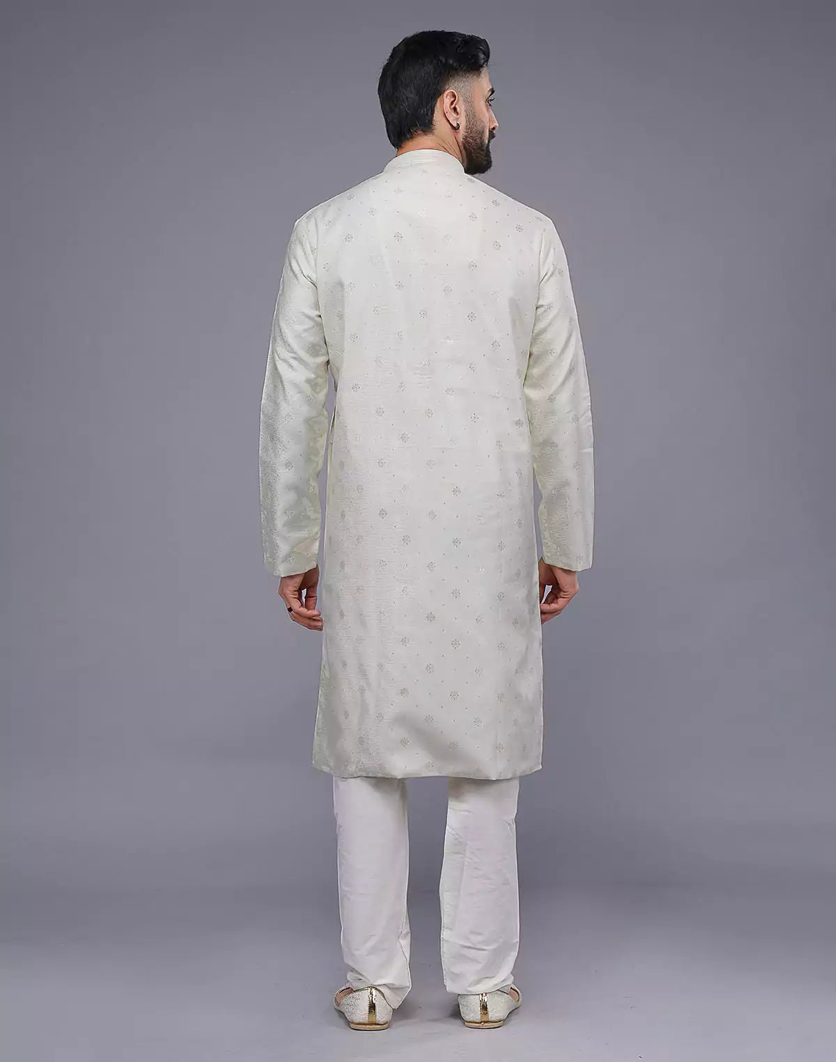 Image of Cream Coloured Silver Floral Design Soft Silk Kurta Set - South India Shopping Mall