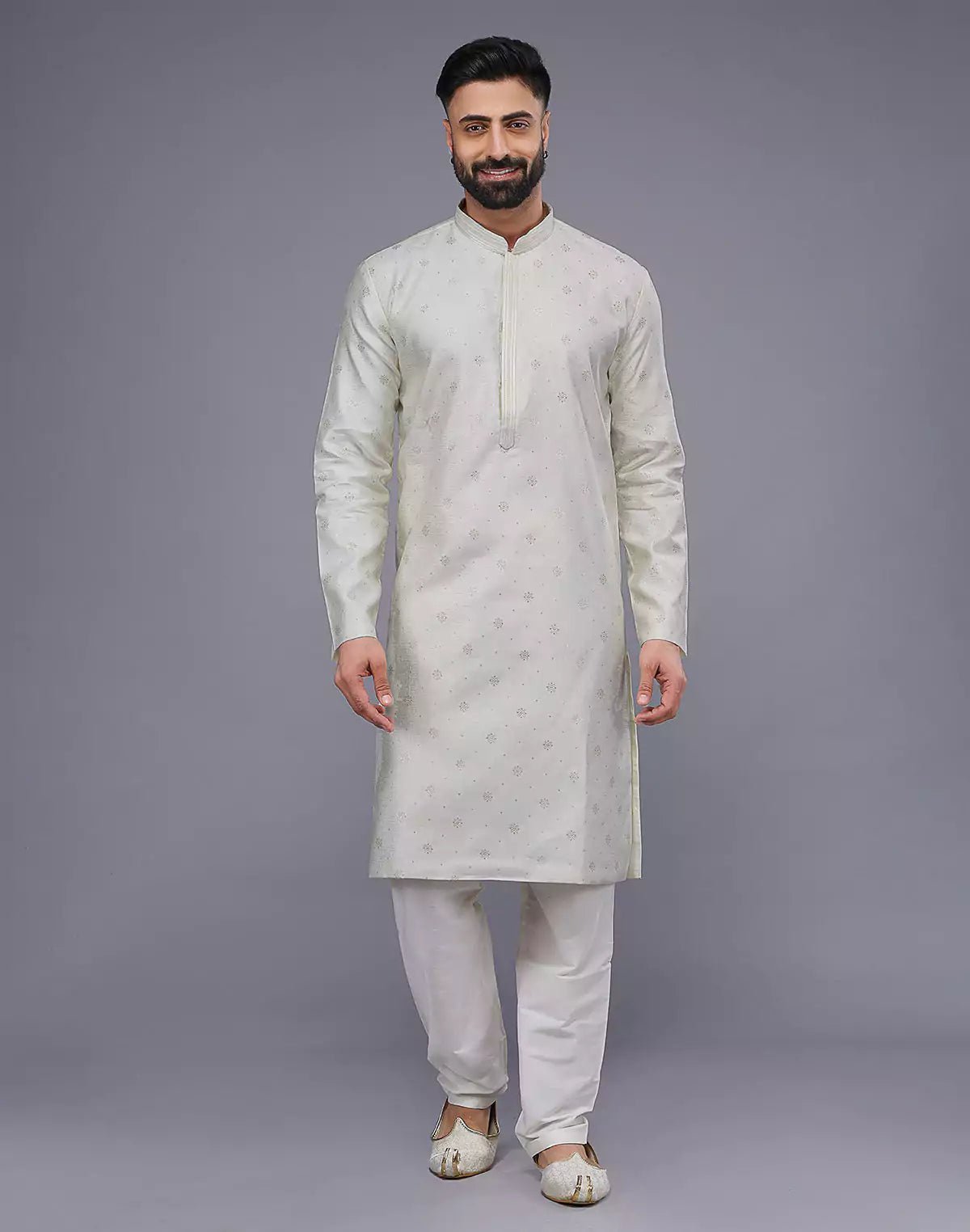 Image of Cream Coloured Silver Floral Design Soft Silk Kurta Set - South India Shopping Mall