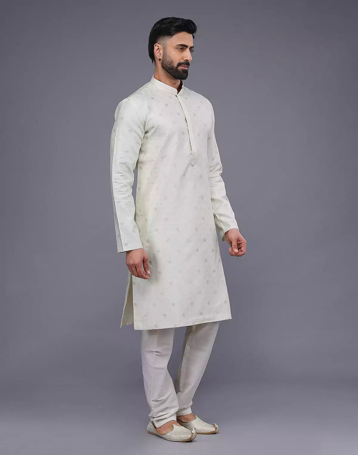Image of Cream Coloured Silver Floral Design Soft Silk Kurta Set - South India Shopping Mall