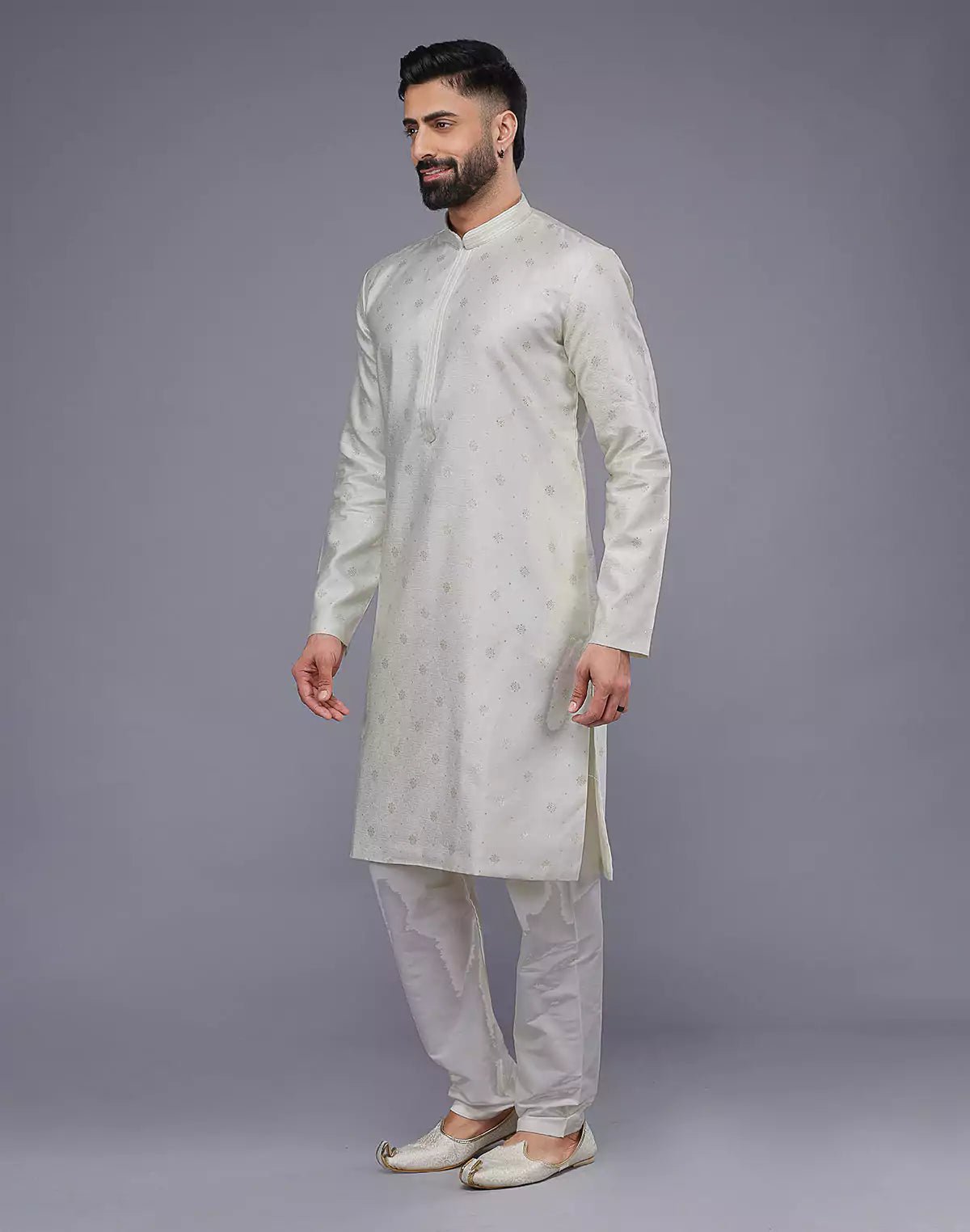 Image of Cream Coloured Silver Floral Design Soft Silk Kurta Set - South India Shopping Mall