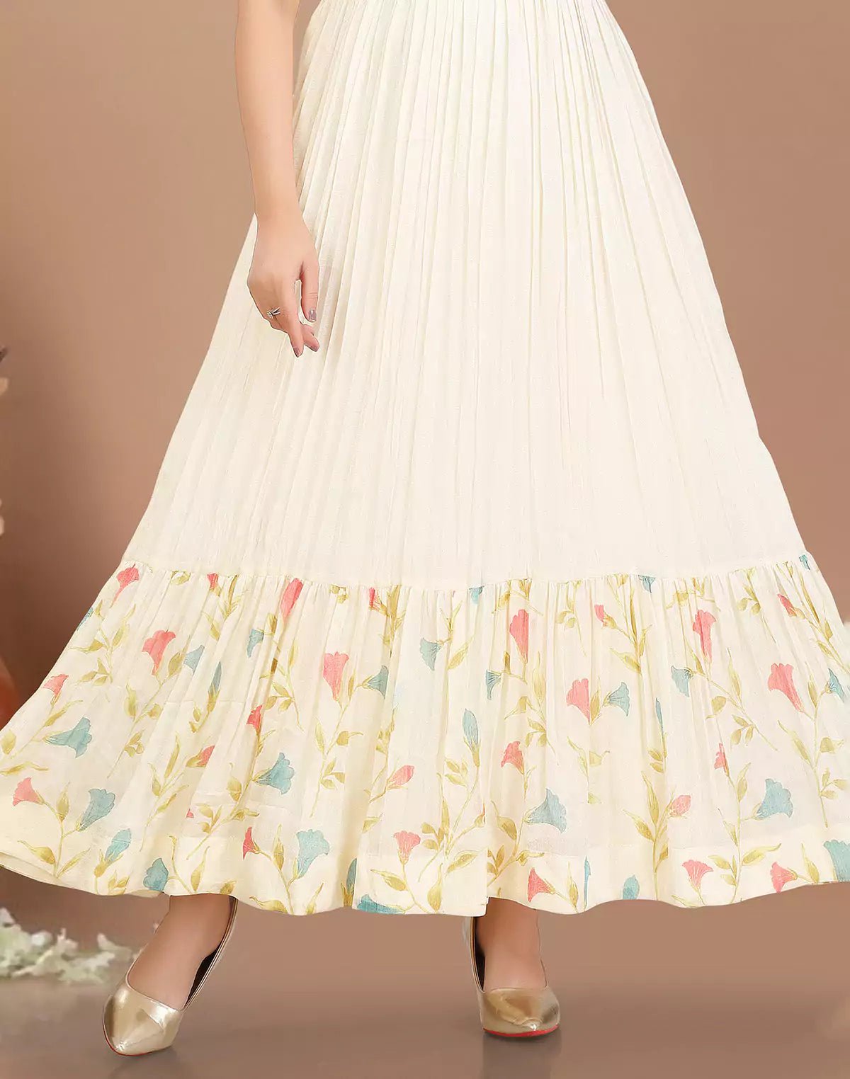 Image of Cream Cotton Silk Party Wear Flared Kurti - South India Shopping Mall