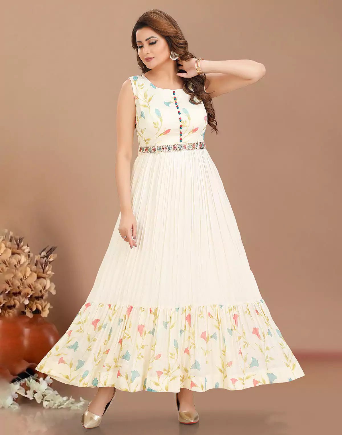 Cream Cotton Silk Party Wear Flared Kurti - South India Shopping Mall