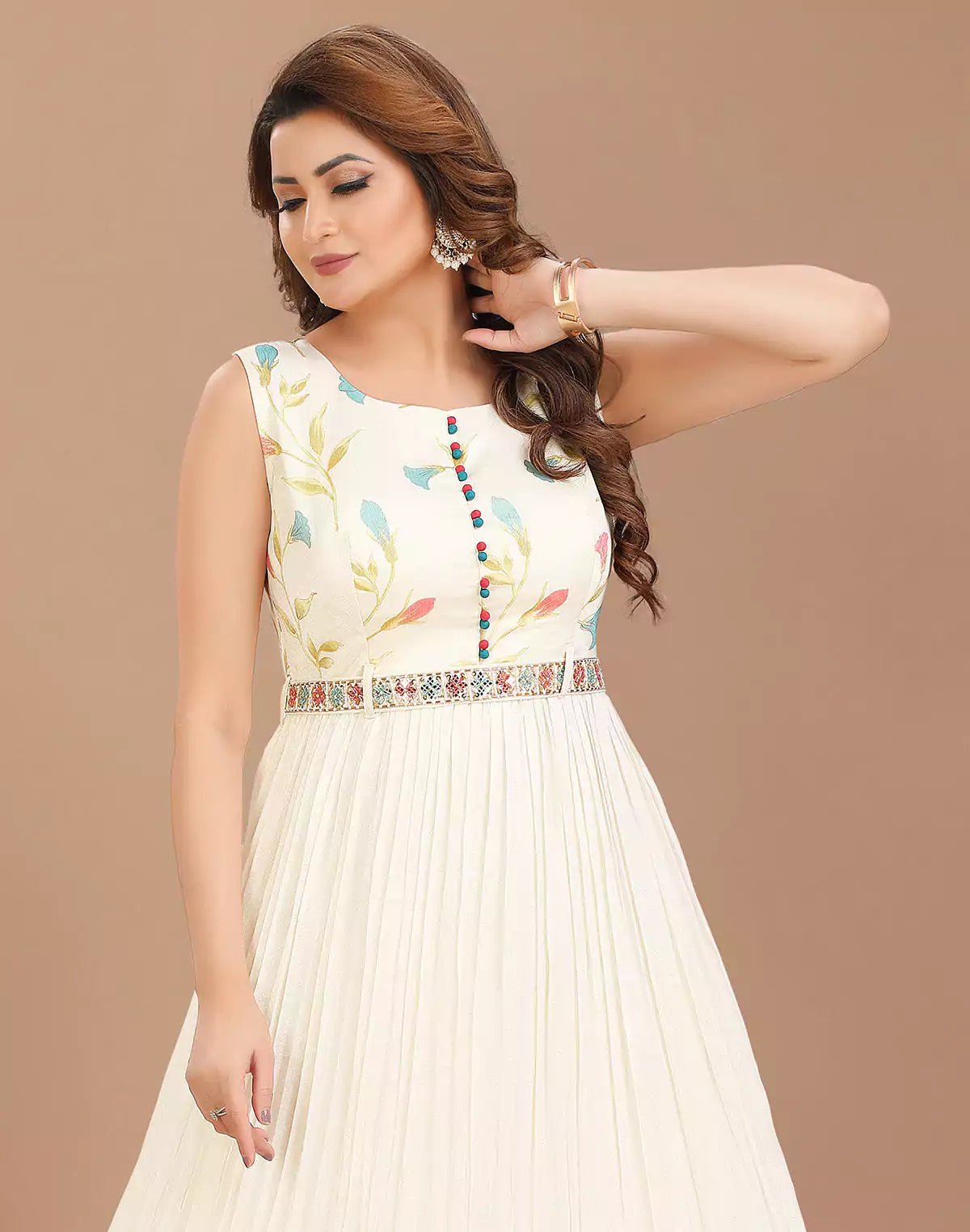 Image of Cream Cotton Silk Party Wear Flared Kurti - South India Shopping Mall