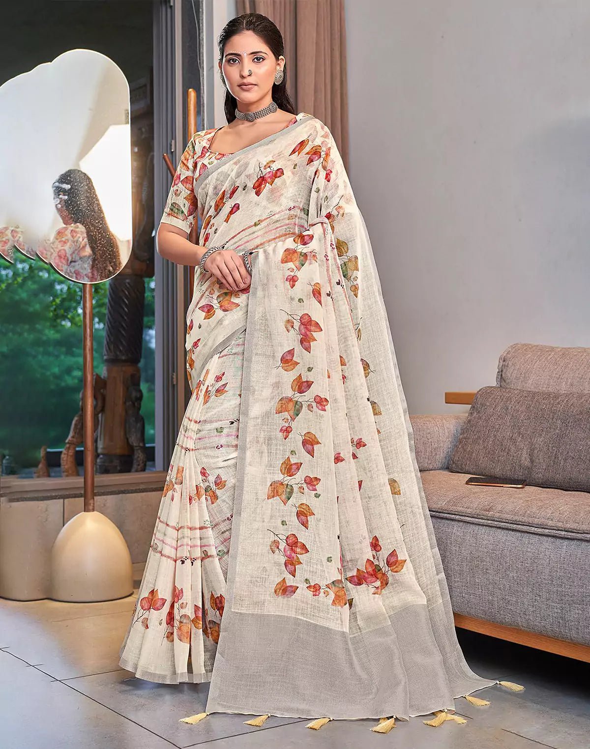 Image of Cream Digital Print Linen Cotton Party Wear Saree - South India Shopping Mall