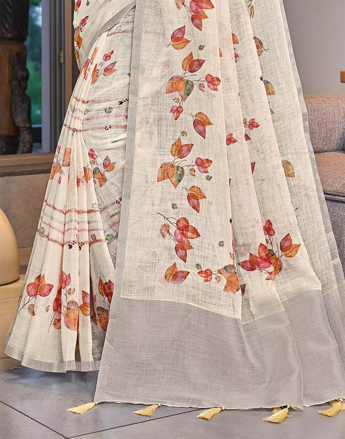 Image of Cream Digital Print Linen Cotton Party Wear Saree - South India Shopping Mall