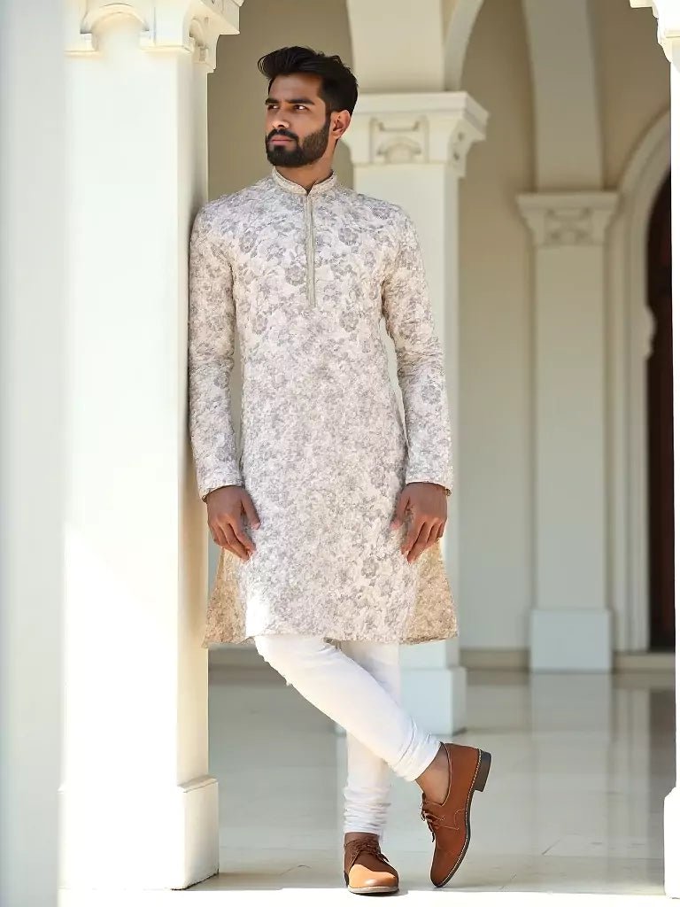 Image of Cream Elegance Floral Chikankari work Lucknowi Kurta Pajama - South India Shopping Mall