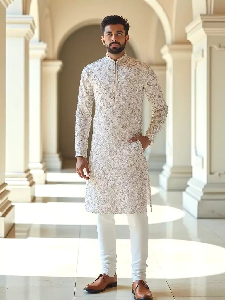 Image of Cream Elegance Floral Chikankari work Lucknowi Kurta Pajama - South India Shopping Mall