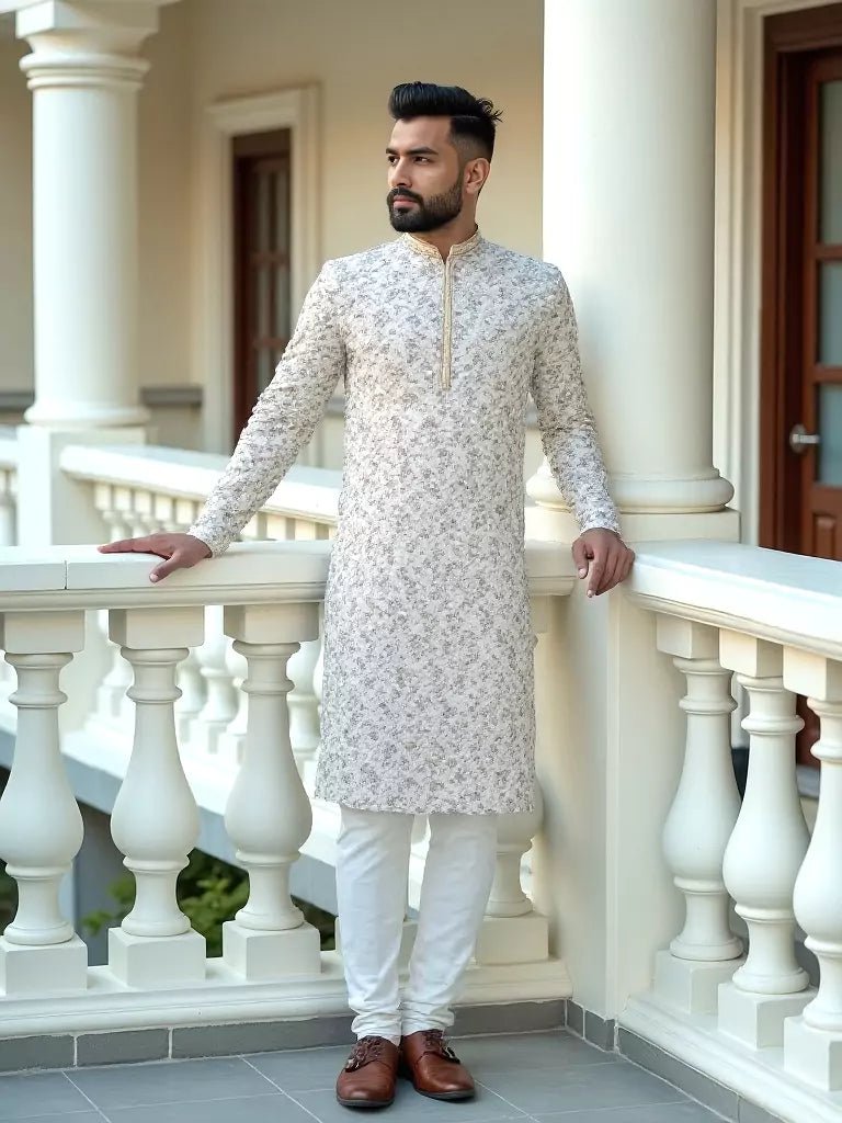 Image of Cream Elegance Floral Chikankari work Lucknowi Kurta Pajama - South India Shopping Mall