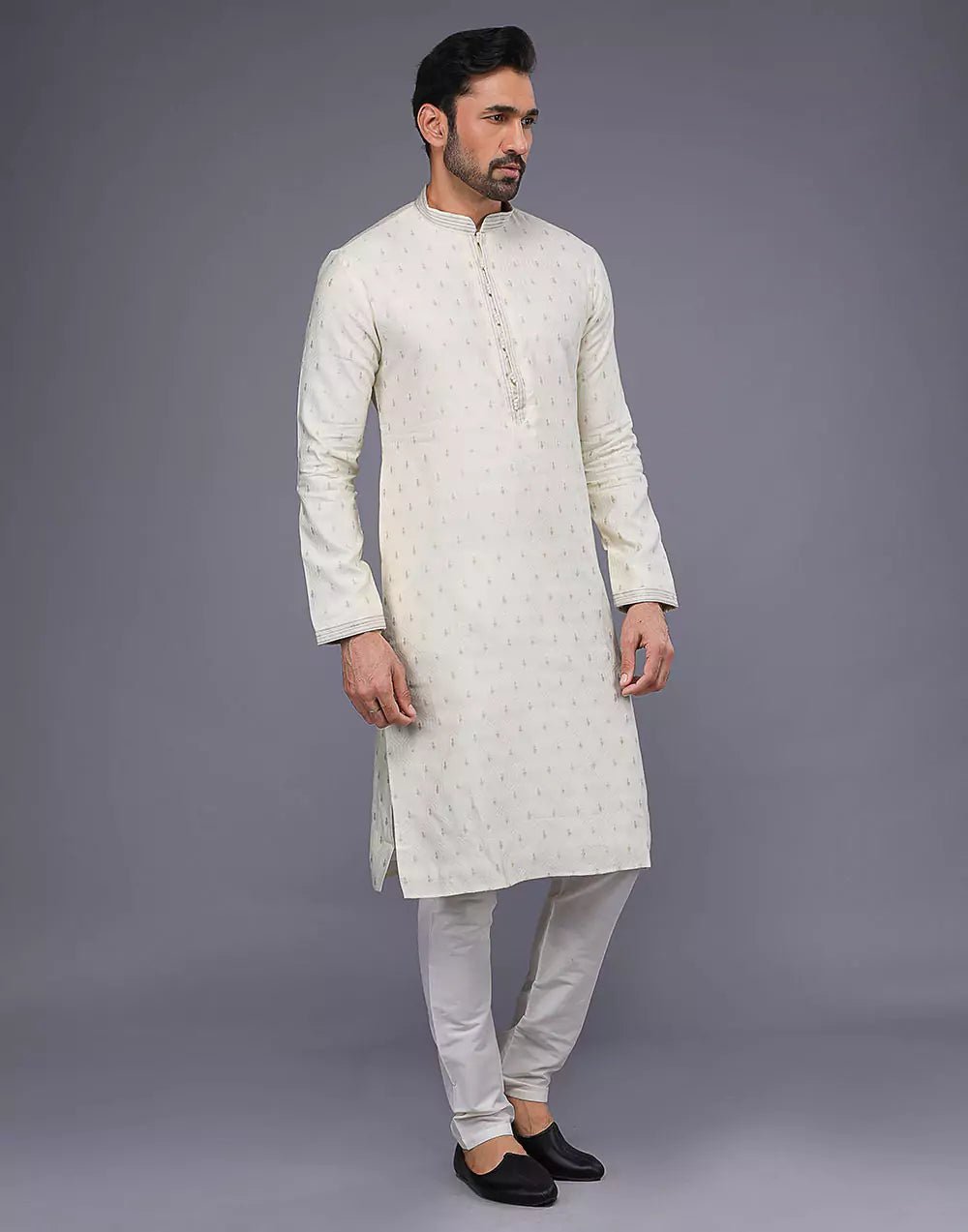 Image of Cream Embroidery Butta Design Soft Silk Kurta Set - South India Shopping Mall