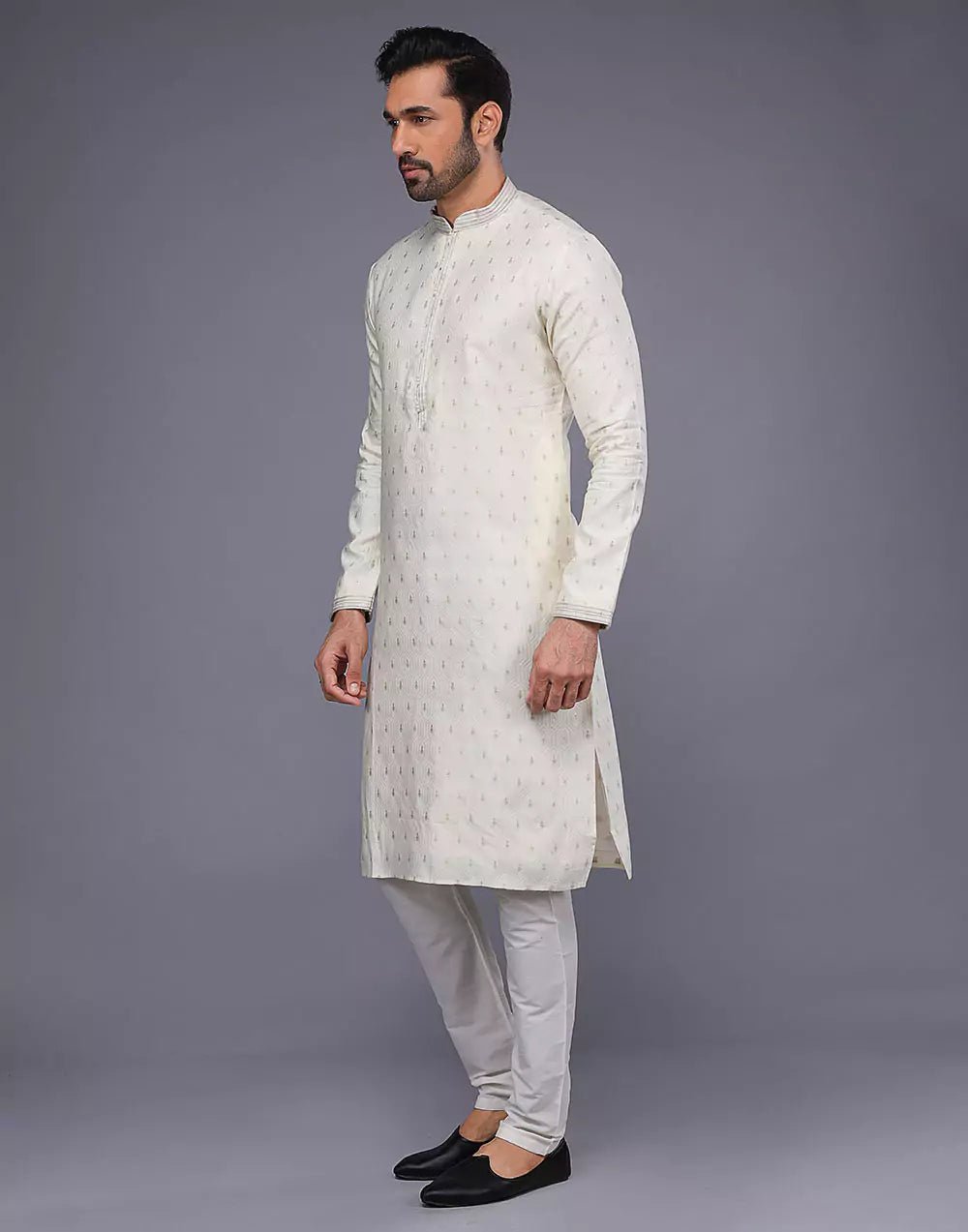Image of Cream Embroidery Butta Design Soft Silk Kurta Set - South India Shopping Mall