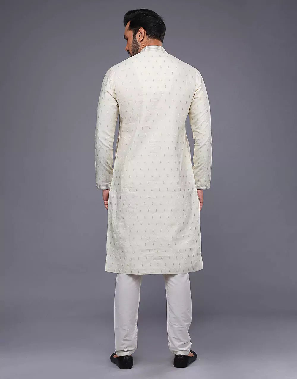 Image of Cream Embroidery Butta Design Soft Silk Kurta Set - South India Shopping Mall