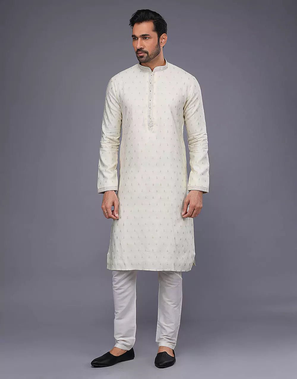 Image of Cream Embroidery Butta Design Soft Silk Kurta Set - South India Shopping Mall