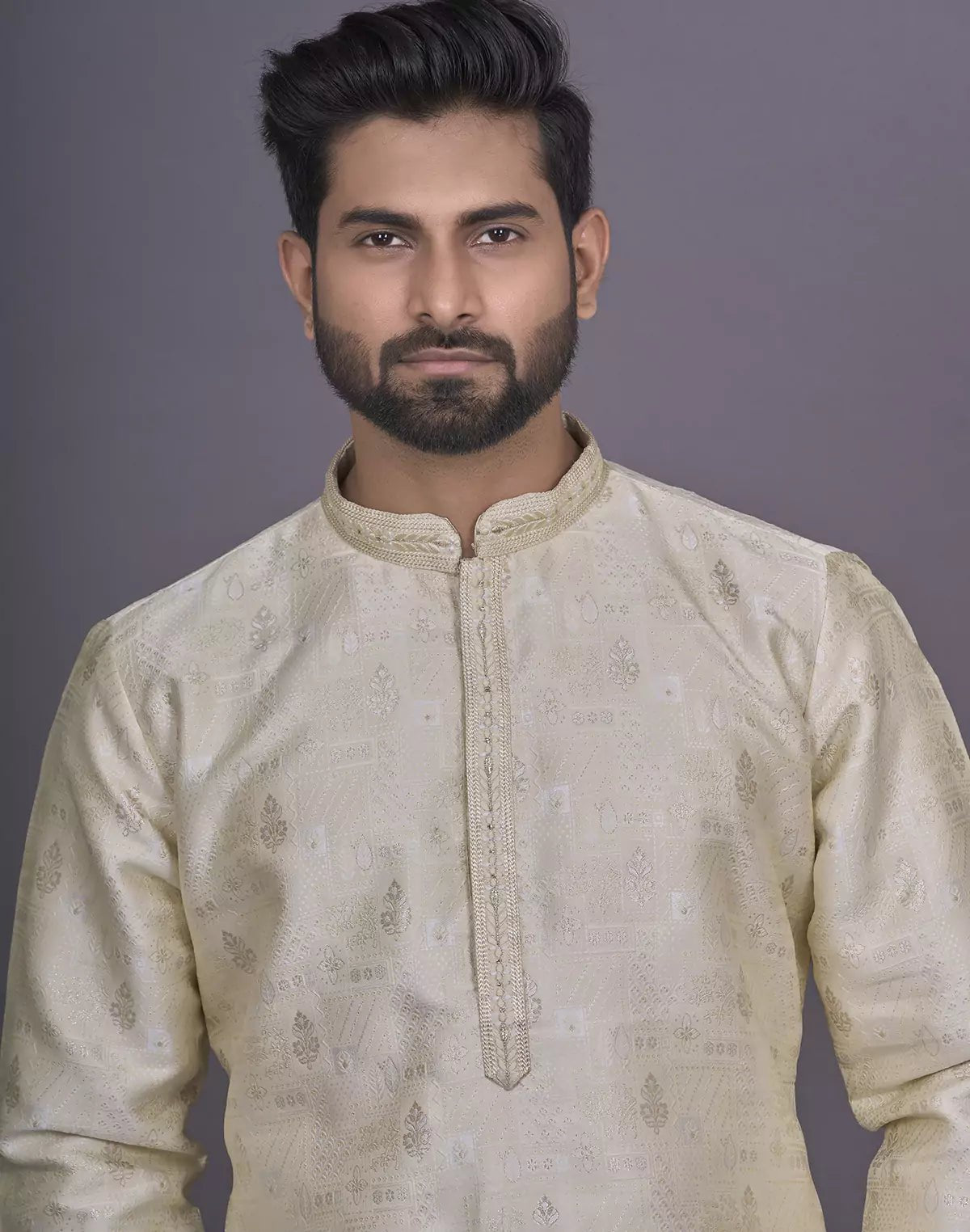 Image of Cream Floral Design Thread work Stylish Kurta Pyjama Set - South India Shopping Mall