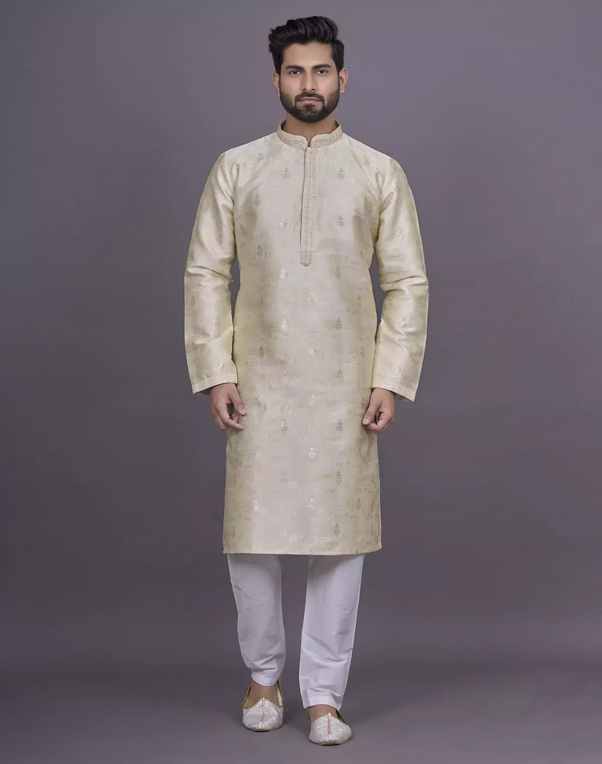 Image of Cream Floral Design Thread work Stylish Kurta Pyjama Set - South India Shopping Mall