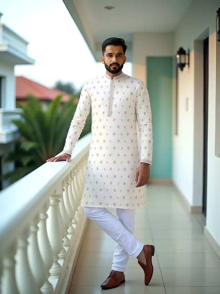 Image of Cream Floral Elegant Embroidery Work Raw Silk Kurta Pyjama Set - South India Shopping Mall
